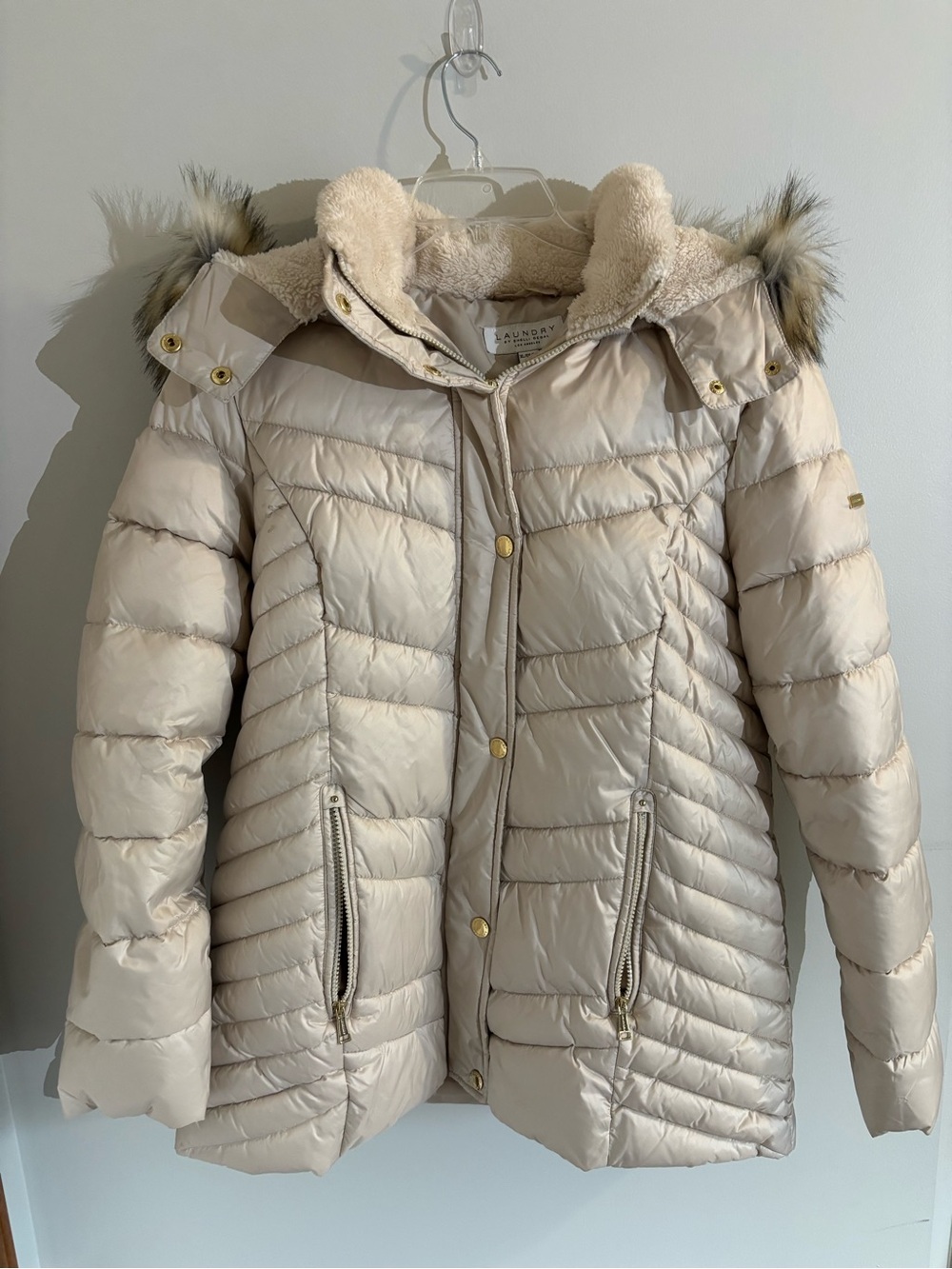 Laundry by Shelli Segal Cream Quilted Puffer Jacket Size XL Faux Fur Hood